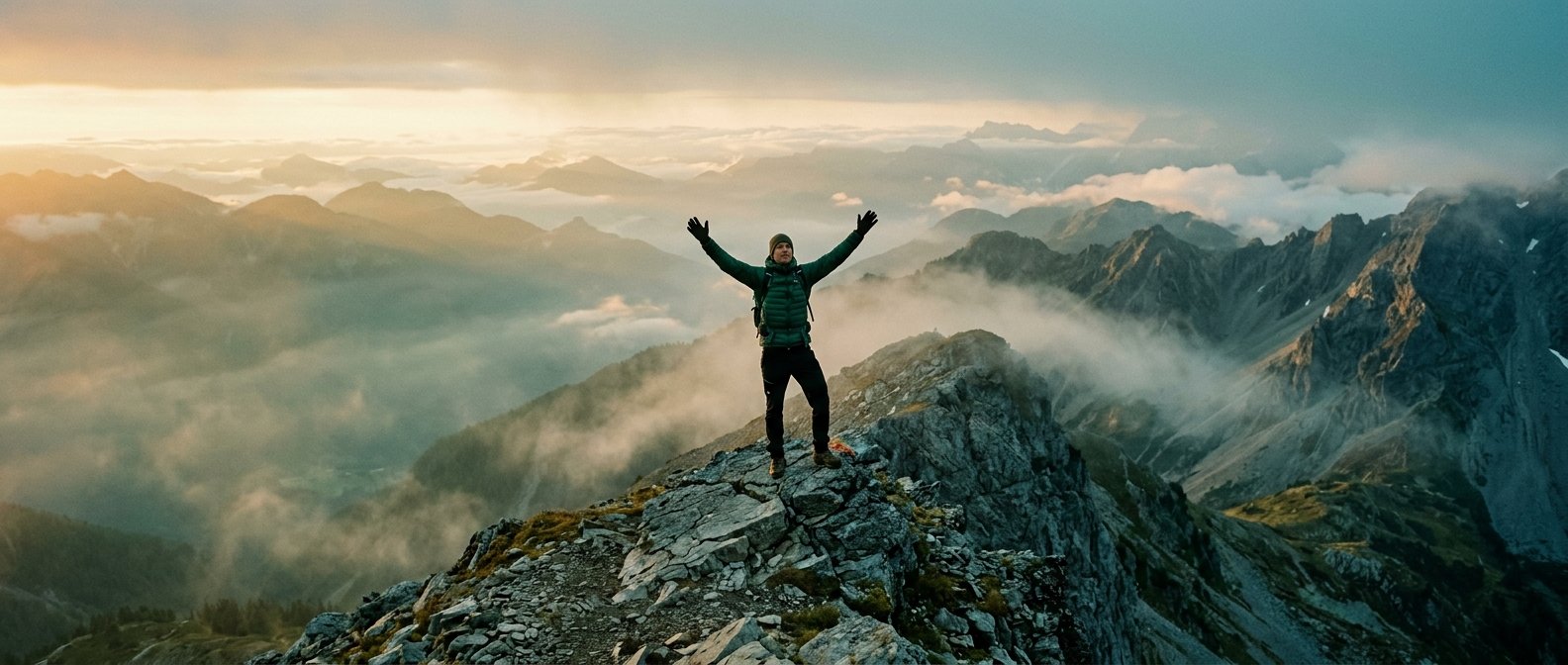 Persona en cumbre al amanecer